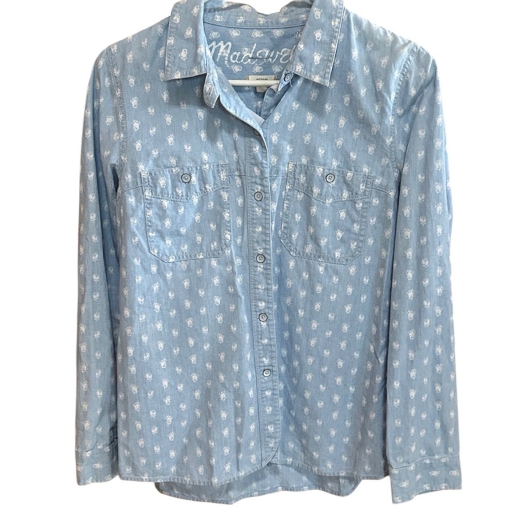 Madewell Chambray with White Floral Print Button Down Long Sleeve Blouse